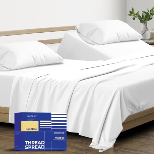 Image of THREAD SPREAD Split King Sheet Set, Luxury 1000 Series Paradise Collection 100% Egyptian Cotton Split King Sheets Sets for Adjustable Bed (5 PC, White), Soft, 16 inch Deep Pocket Hotel Sheets