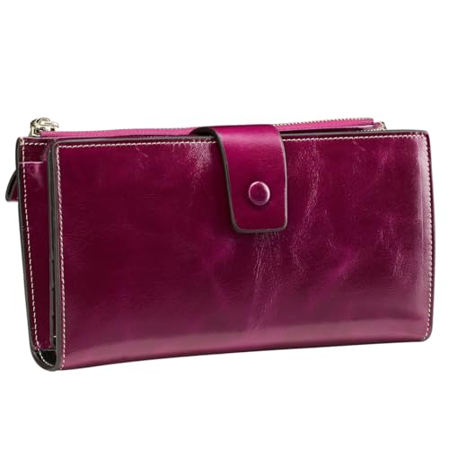 Image of Itslife Womens Wallet RFID Blocking Large Capacity Luxury Wax Genuine Leather Wallets Clutch Wallet Ladies Card holder, Fuchsia