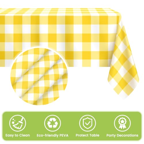 Image of Mulbozy 4 Pcs Yellow Checkered Tablecloth 54 x108 Inches Rectangle Yellow Gingham Tablecover Disposable Plastic Waterproof Table Cover for Outdoor Picnic, Kitchen, Holiday Birthday Party