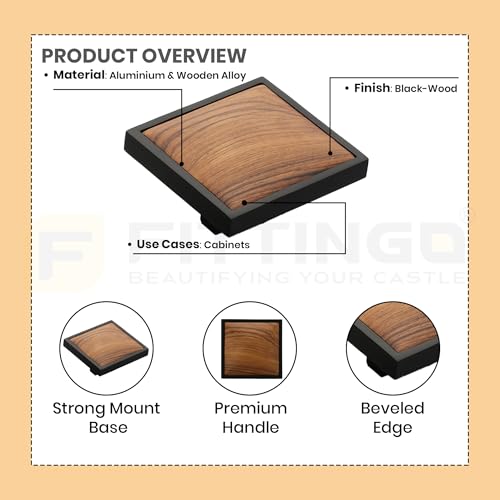 Image of 4 Inch Square Cabinet Handle Black Wood Finish Aluminium & Wood Pulls for Wardrobe, Kitchen Cabinets, Drawers, Cupboards & Furniture Doors - | Model-1339, Pack of 4 |-| 3 Years Warranty |