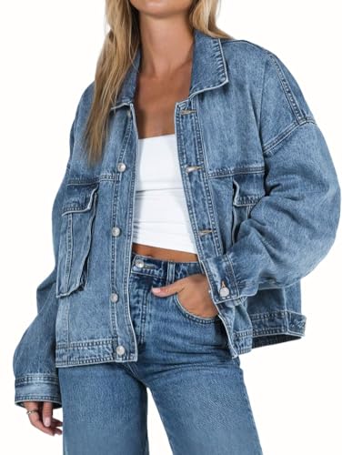 chouyatou Women's 2025 Fall Boyfriend Denim Jacket Y2K Casual Button Down Oversized Jean Jacket Shackets