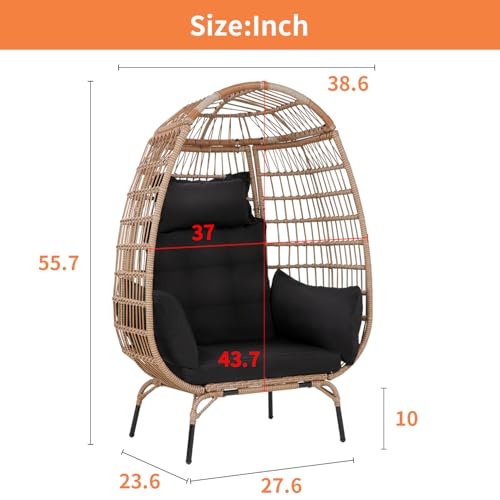 Image of PayLessHere Egg Chair Egg Basket Rattan Chair Steel Frame Oversized Indoor Outdoor Lounger Simple Installation with 4 Comfort Cushion and Stand,352lb Capacity for Patio Garden Living Room,Black