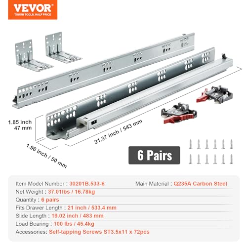 VEVOR Bottom Mount Drawer Slides 6 Pairs 21 Inch, Heavy Duty Ball Bearing Soft Close Full Extension Steel Tracks, Noiseless Guide Glides for Cabinet Kitchen Drawers with Locking, 100 Lbs Capacity by VEVOR - Image 7