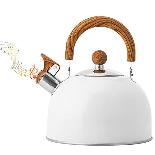 Tea Kettle, 2.6 Quart/2.5 Liter Stainless Steel Tea Pot,Tea Kettle for Stove Top, Stovetop Whistling Teapot, Tea Kettles Stovetop Whistling with Cool Grip Ergonomic Handle, White