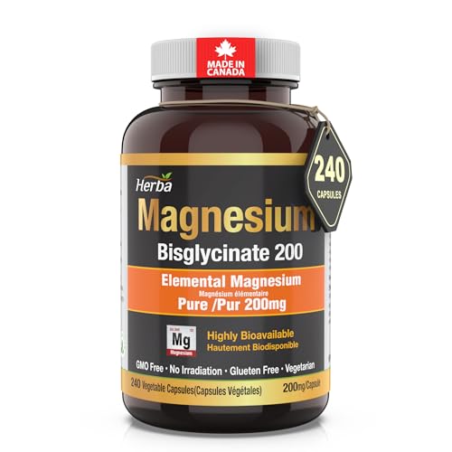 Magnesium Bisglycinate 200mg - 240 Capsules | Pure Elemental Magnesium Supplement | Magnesium Bis-Glycinate - Highly Bioavailable and Absorbable | Made in Canada | 240 Capsules