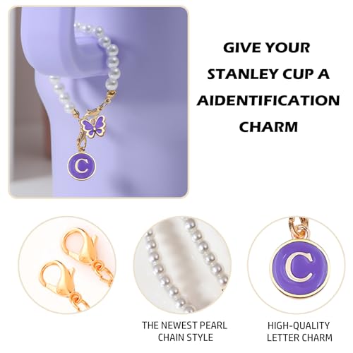 Image of Letter Charm for Stanley Cup,Pearl Chain Accessories Stanley Cup Initial Charms for Handle Stuff Decor Water Bottle Jewelry Tumbler Cute Personalized Name ID Decorations Purple Tag C