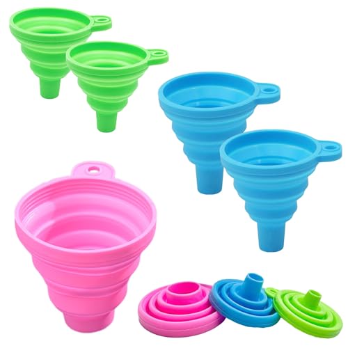 KINDOYO 5 Pcs Silicone Collapsible Funnel Set - Flexible Foldable Funnel Cooking Gel Funnel Kitchen Gadgets for Transferring of Liquid Fluids Powders Spices (Blue*2 + Green*2 + Pink*1)