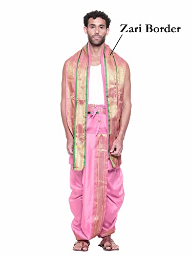 Image of Rameshwaram Fabrics Readymade Dhoti for Men, Velcro Style Stitched Mens Silk Dhoti Pant with Stole Set