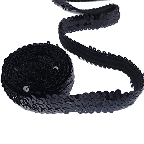 ZNZAKKA Black Elastic Sequin Ribbon Trim 10 Yards Flat Glitter Stretch Ribbon for Dance Dress Embellish Headband Supplies (Black)