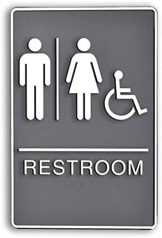 Bebarley Self-Stick ADA Braille Unisex Restroom Signs with Double Sided 3M Tape for office or business Bathroom and Toilet Door or Wall Decor 9”X6” (Gray)