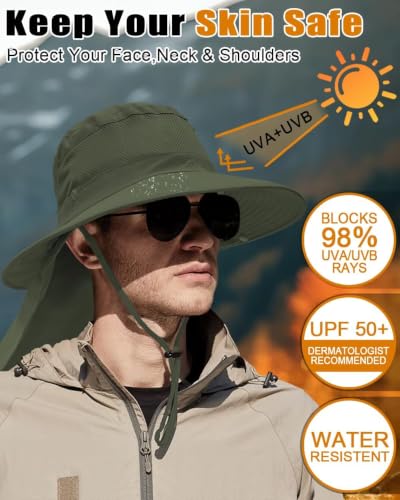 Image of Outdoor Sun Hats with Stowable Neck Flap for Men Women UPF 50+ Mesh Summer Bucket Hat Wide Brim for Fishing Safari Hiking