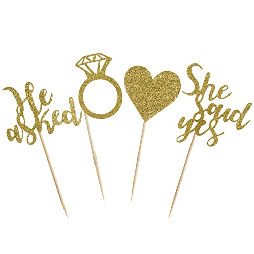 Hidori 24 Pcs He Asked She Said Yes Cupcake Toppers For Engagement Party, Gold Glitter Bridal Shower Decorations With Heart Diamond Ring, Bachelorette Food Picks (W-A6/ Gold) #TOP1