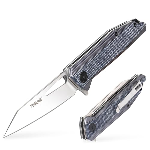 Topline Folding Pocket Knife, Aluminum Handle with Linen Material, 14C28N Steel Blade, Portable Pocket Clip, Folding Knife with Liner Lock, EDC Knife for Camping, Hunting, Grey and Blue