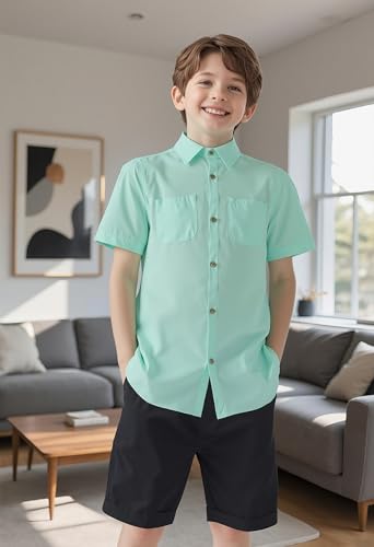 YUYAPA Boys Button Down Shirt Casual Short Sleeve Woven Shirts with Two Pockets for Kids 6-14 Years Green — view 3