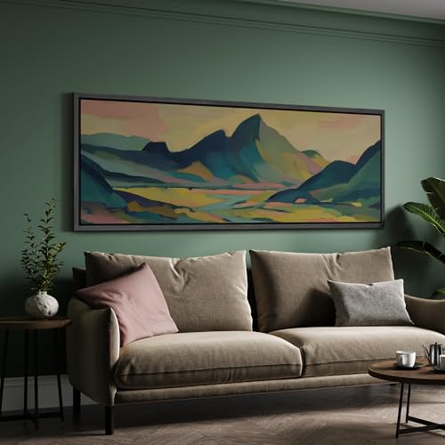Image of MUDECOR Large Framed Canvas Print Wall Art Colorful Abstract Mountain Landscape Modern Antique Retro Ready to Hang Painting for Living Room Bedroom Multi-Sizes - 60 inchx20 inch