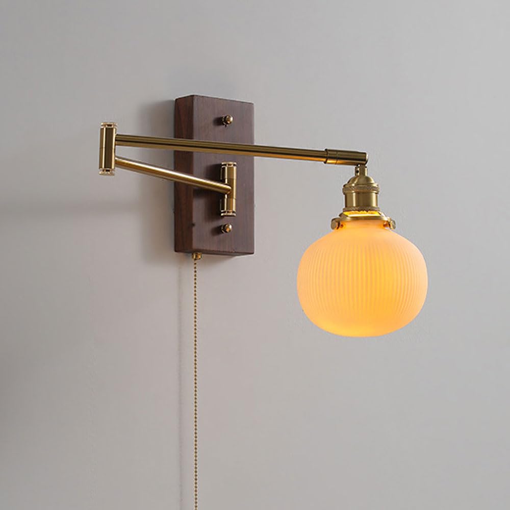HPTHLY Wood Swing Arm Wall Sconce Brass Wall Light Globe Ceramics Wall Lamp With Pull Cswitch, Wabi Swoden Wall Sconces Walnut Adjustable Home Deco Lighting