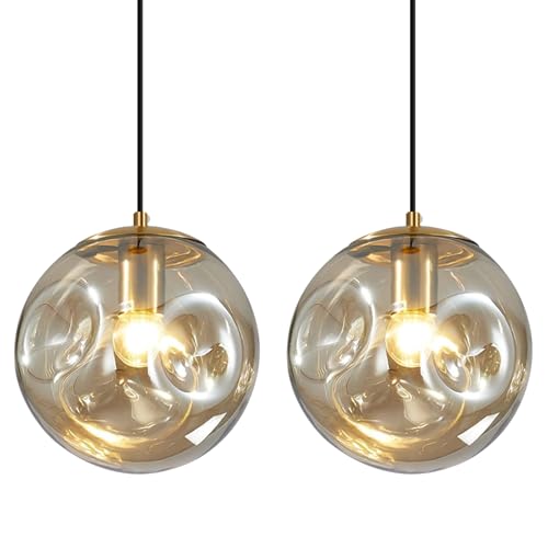 Modern Amber Concave Glass Pendant Light, 2-Pack Kitchen Island Lighting