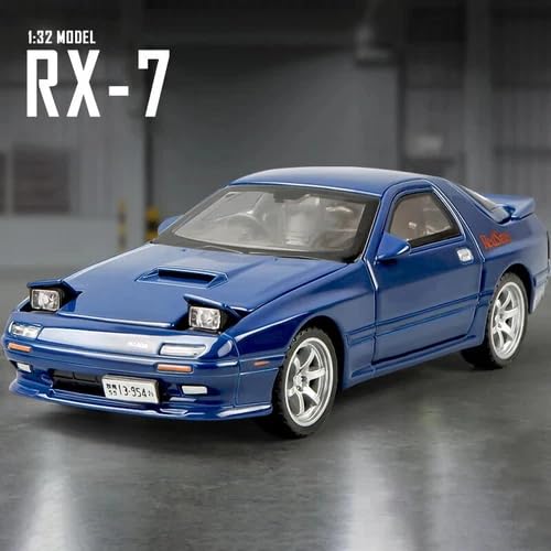 Image of 1:32 Mazda RX-7 Diecast Metal Car Model, Pull Back Toy Car with Openable Doors, Sound & Light Effects, Alloy Vehicle for Kids Boys Girls & Collectors (Blue)