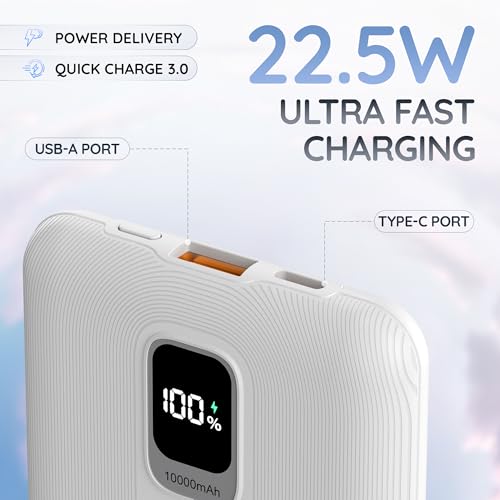 Image of Pebble Rapid Air 22W Fast Charging Power Bank | Compact & Lightweight | Digital Display | Type-C & USB Outputs | 10-Way Circuit Protection - White