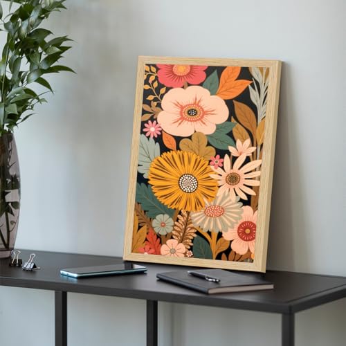 Image of ArtX Paper Boho Art Paintings with Frame for Home Decor, Floral Wall Painting for Living Room, Multicolor, Natural Wood Color Frames, Set of 2