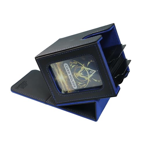 AEGIS GUARDIAN Card Deck Box for MTG, Commander Window Display, Trading Card Storage Box Holds 100 Double-Sleeved Cards, TCG Deck Box with 2 Dividers and 1 Toploader, Black&Blue
