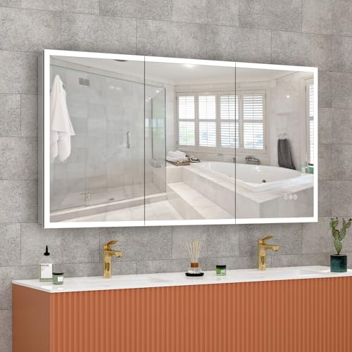 GUIQIYANG LED Lighted Medicine Cabinet with Mirror, 60X32 Inches Bathroom Mirror Cabinet with Lights, Recessed or Wall Mounted, 3 Color Temperatures, Anti-Fog