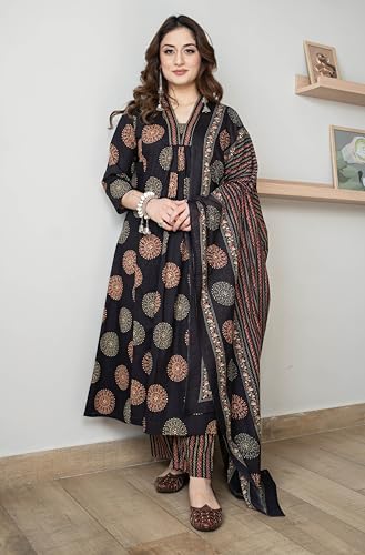 Image of Arayna Women's Pure Cotton Intricate Block Printed Ethnic Wear Kurta Set with Palazzo & Dupatta
