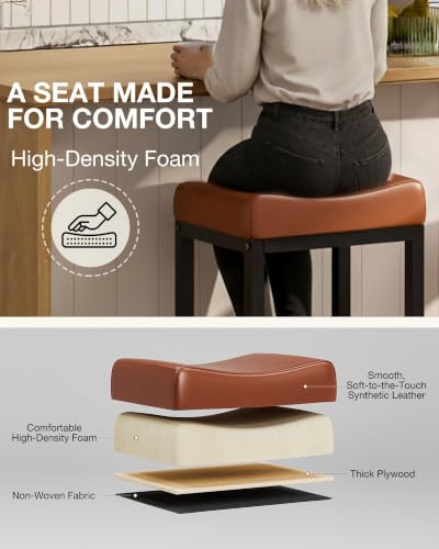 Image of Bar Stools Set of 2-24 Inch Counter Height Chairs for Kitchen Island, Leather Seat with 400 LBS Heavy-Duty Metal Frame and Adjustable Feet, Easy to Assemble for Bar, Cafe or Dining Room,Brown