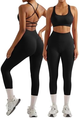 OMKAGI 2 Piece Workout Sets for Women Padded Workout Tops Booty L...