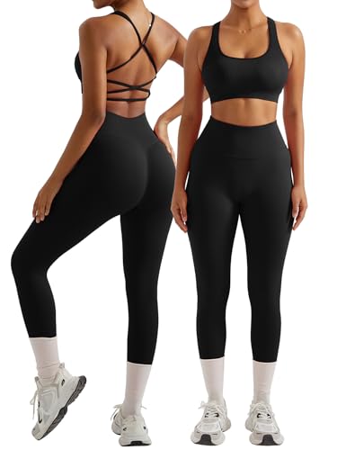 OMKAGI 2 Piece Workout Sets for Women Padded Workout Tops Booty Leggings with Pockets Gym Sets (S,004-Black)