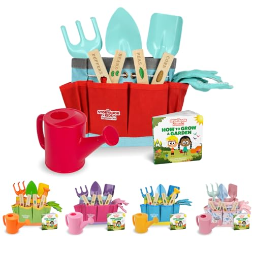 Matching Board Book - Red Kids Gardening Tools Set Includes Sturdy Tote Bag, Watering Can, Shovel, Rake, and Trowel - Garden Storybook - Kids Garden Tools- Easter Gifts for Toddler Age on up.