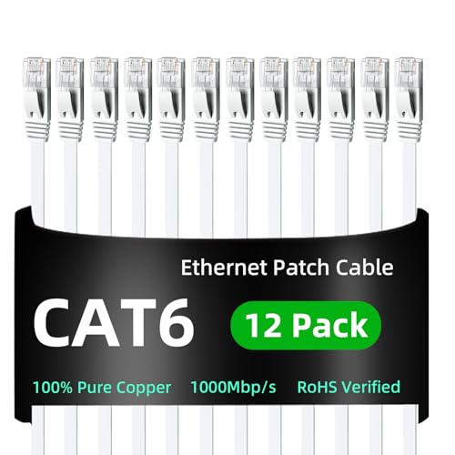Yauhody CAT 6 Ethernet Cable 0.5m White 12Pack Network Cable High Speed CAT6 Ethernet Patch Leads Lan Cable CAT6 Gigabit Internet LAN Patch Cable for TV Gaming Router(0.5m 12Pack White)