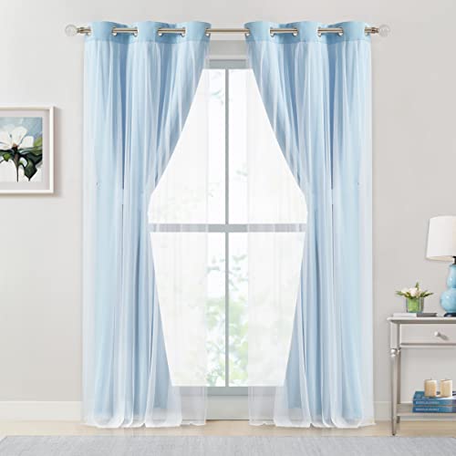 Image of Bujasso Sky Blue 80% Blackout Curtains with Sheer Overlay Mix and Match Double Layer Thermal Insulated Window Panels 84 inch for Living Room Bedroom Blue Drapes with Tiebacks Grommet Top 37 inch Wx84 Lx2