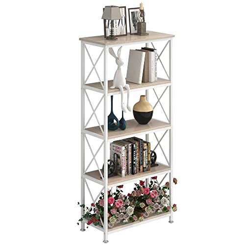 4Nm Adjustable Bookshelf 5 Tiers Storage Shelves Kitchen Standing Racks Vintage Bookcase For Study Organizer Home Office Pantry Closet Kitchen Laundry 23.6X11.8X56.5 Inches (Natural And White) #TOP3