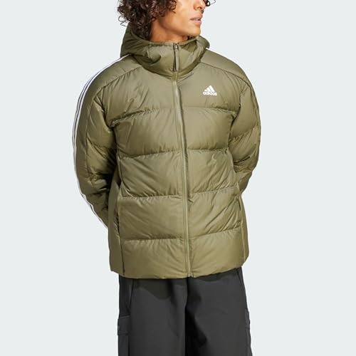 adidas Men's Essentials Midweight Down Hooded Stripes Jacket, Olive Strata, S - Image 5