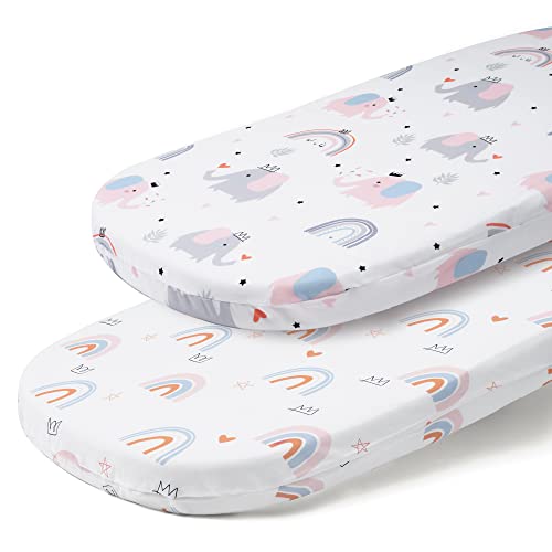Tillyou Cotton Fitted Bassinet Sheets For Baby Boy Girl, Fit For Halo Bassinet Swivel Sleeper, Adapt To Hourglass Bassinet Mattress Sheet, 31.5'' X 18'', 2 Pack Elephant & Rainbow #TOP7
