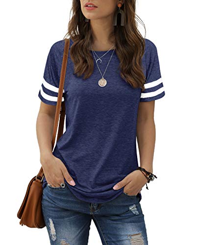 Aokosor Womens T Shirts Striped Sleeve Summer Tops Ladies Side Split Casual Tee Navy Size 10-12