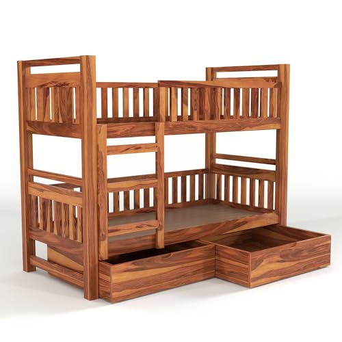 Image of Solid Sheesham Wood Bunk Bed Twin Over Bed with Ladder Wooden Bunk Bed with 2 Drawer Storage for Bedroom Living Room Home (Natural Finish)