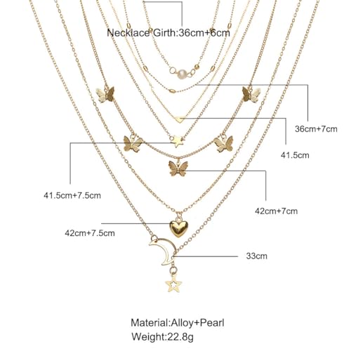 GIGB PBDK Layered Butterfly Necklace Set for Women Trendy Stars Moon Cross Pearl Heart Gold Chain Adjustable Stackable Gold Statement Choker Necklace Dainty Jewelry Gift Set3