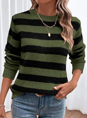 Image of Dokotoo Sweaters for Women 2026 Crewneck Striped Cute Color Block Fall Winter Knitted Pullover Tops