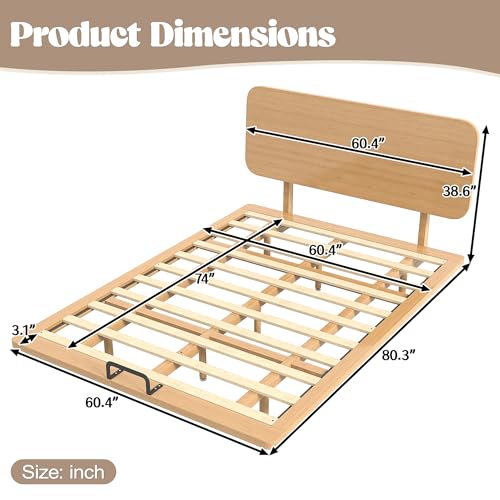 Image of Bellemave Queen Size Bamboo Bed Frame with Headboard,Bamboo Floating Platform Bed Frame Queen Size with Charging Station and Wood Slats,Easy Assembly,Natural
