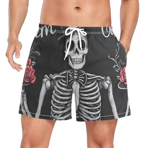 Mens Swim Trunks with Liner, Skeleton Gothic Rose Black Cool Quick Dry Beach Swim Shorts, Swimwear Bathing Suits S