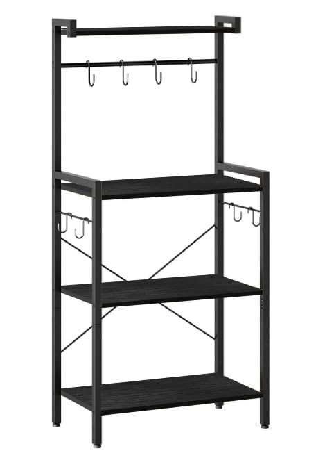 HOOBRO Kitchen Bakers Rack with Storage, 4 Tiers Coffee Bar Station, Microwave Stand with 8 S-Shaped Hooks, Kitchen Storage Shelf Rack for Small
