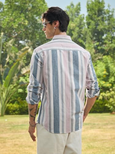 Image of The Souled Store Cotton Linen Stripes: Apricot Men and Boys Long Sleeves Collared Neck Orange Stripes Regular Fit Lightweight Comfortable Summer Cotton Linen Shirts