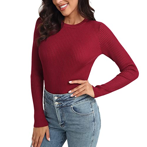 Rocorose Women's Crew Neck Sweater Ribbed Knit Long Sleeve Soft-Touch Sweater Tights Red Xl #TOP2