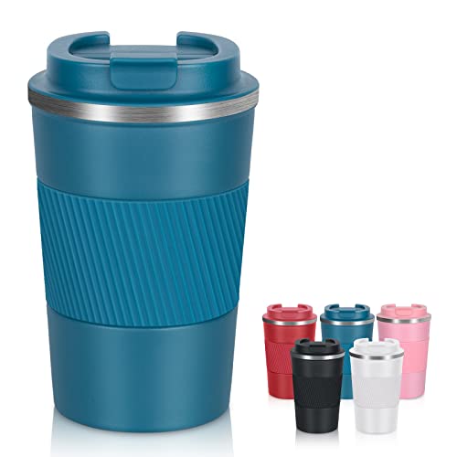 AKHTART 380ml Travel Mug for Hot & Cold Drinks with Leakproof Lid, Stainless Steel Insulated Coffee Double Walled Thermal Mug, Portable Reusable Cup Travel/Office/School(Blue)