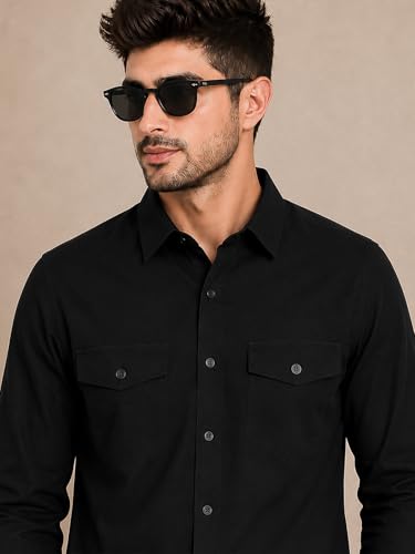 Image of Veirdo Men's Pure Cotton Utility Shirt | Full Sleeve Casual Button-Down with Dual Chest Pockets | Stylish & Comfortable Everyday Wear | Colors: Beige, Black, Maroon, Olive, Rust & White
