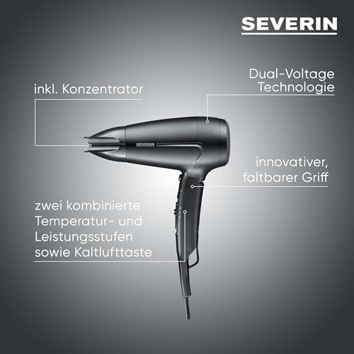 SEVERIN Reise-Haartrockner, weltweite Spannungsanpassung 110,220-240V, klappbarer Griff, Reisefön mit Kaltlufttaste, 1.600 Watt, schwarz, HT 0159