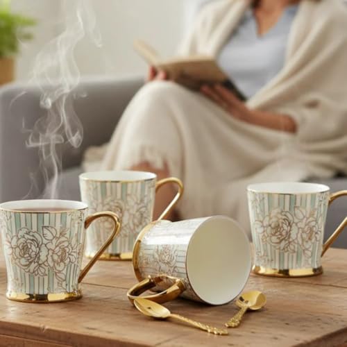 Image of Clay Craft Fine Ceramic Tea Cups Set of 6| 180 Ml Gold Print Cups with Handle | Elegant Design for Tea| Coffee| Home| Office & Gifting