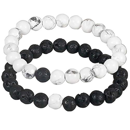 Preisvergleich Produktbild Damen Herren Armband, 2 Stück Partnerarmbänder, Partner Geschenk Freundschaftsarmband,Schwarz Lavastein Weiß Howlith (8mm) Aromatherapie Armband für ätherische Öle, pärchen geschenke